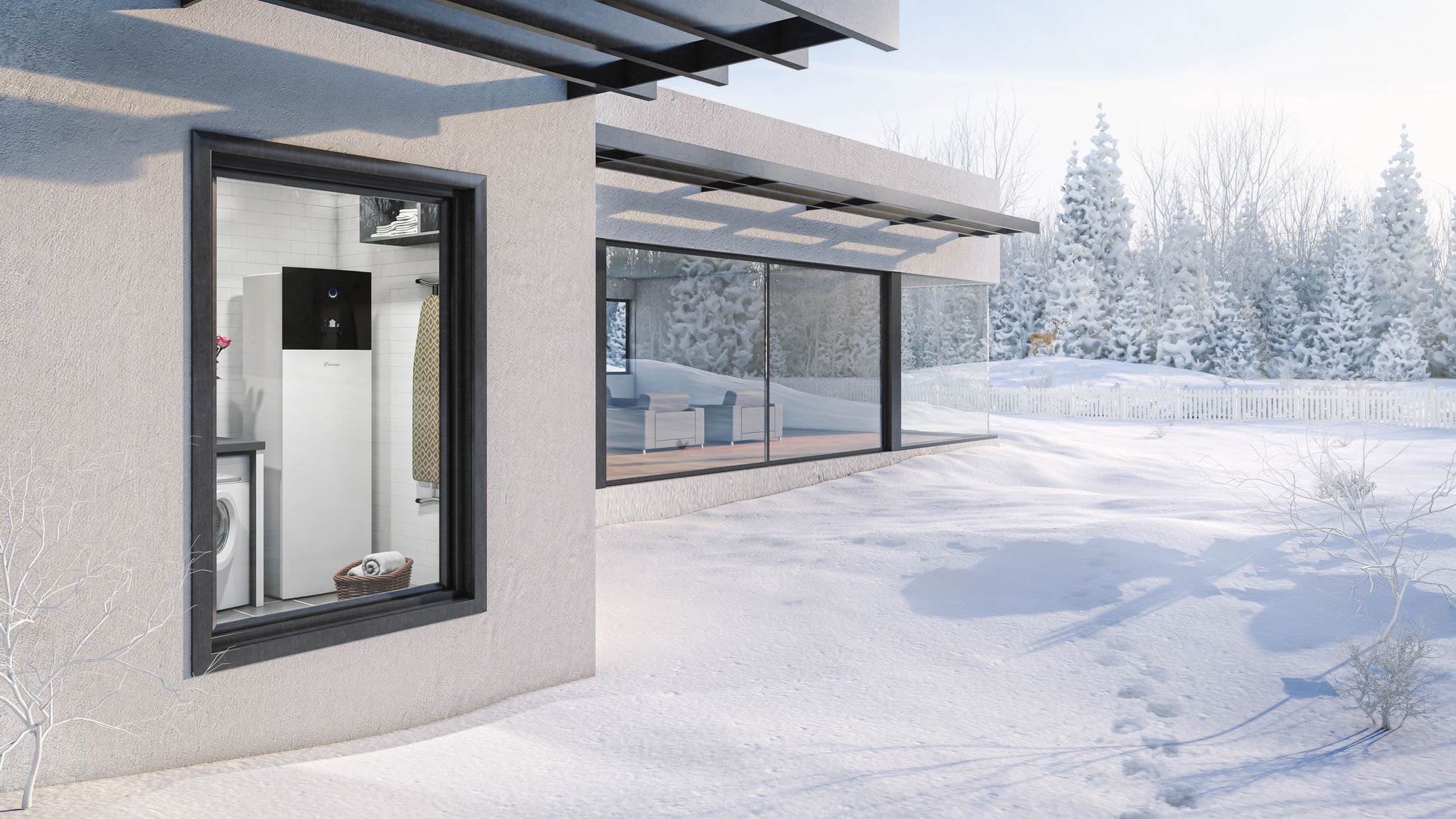 Hus i vackert snötäckt landskap