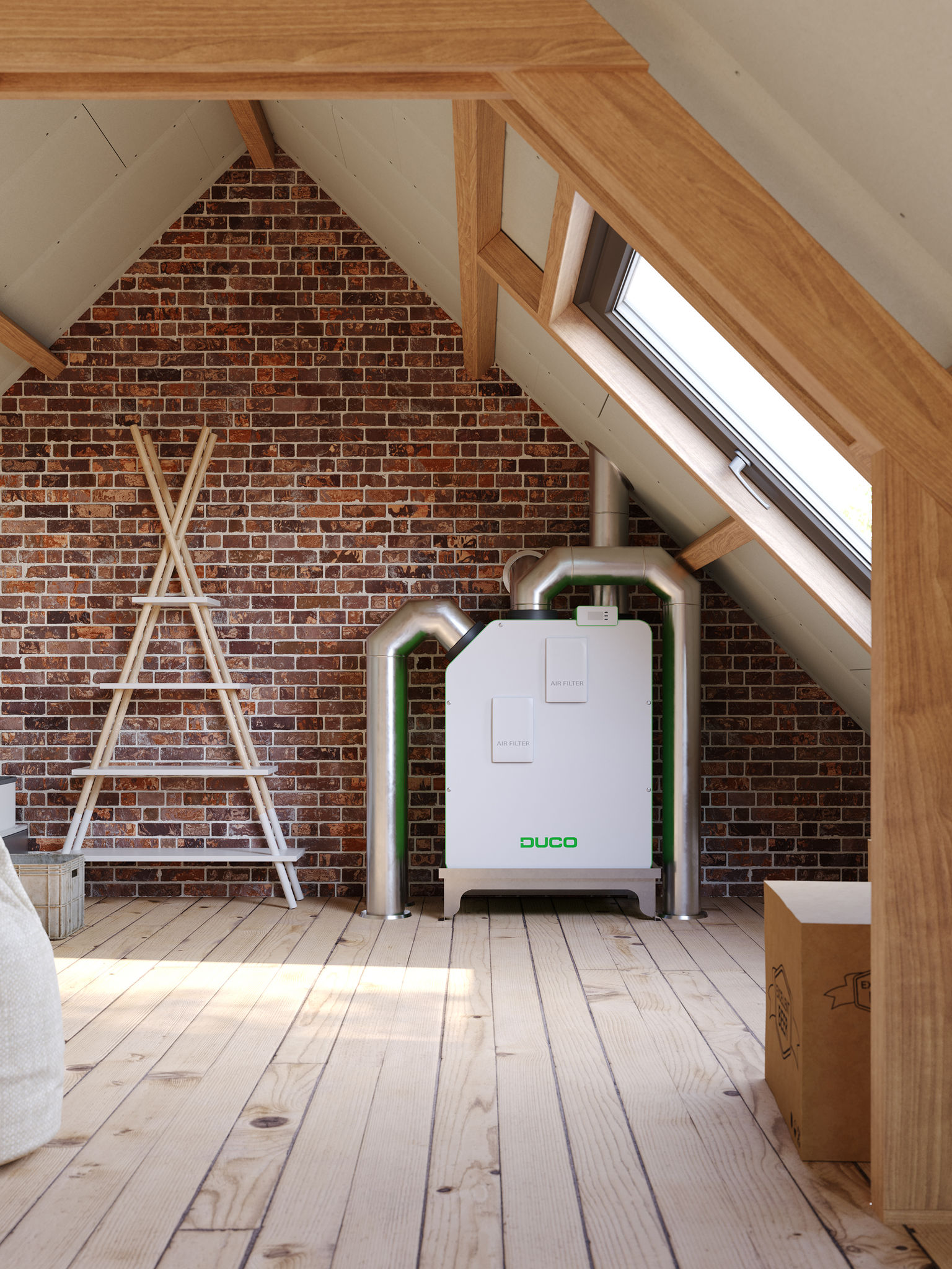 Ett centralt ventilationssystem med värmeåtervinning installerat på vinden i ett hus för att skapa en hälsosam boendemiljö